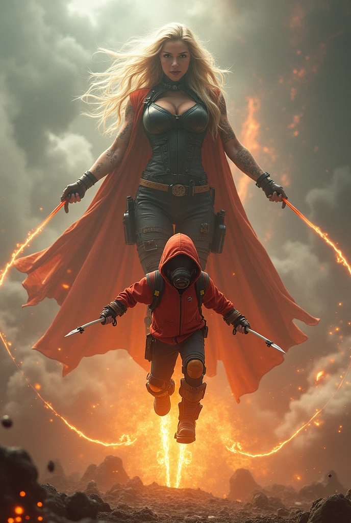 Ghost rider, realistic, big breasts, full body vs. Youg boy with red hoodie, headphones, Star-lord helmet, rocket boots, gas helmet, covered mouth, round red, eyes, front cover, ??? Star-lord with red hoodie, star-lord helmet, gas helmet, covered mouth, round red eyes, Red eyes, magic rings in the hands and rocket boots, Fighting, power, fiction, 2 persons, magic lasso, hight, fall, flying in the sky, capa roja, fire under shoes, Space, Smoke, gun in hands, epic battle.