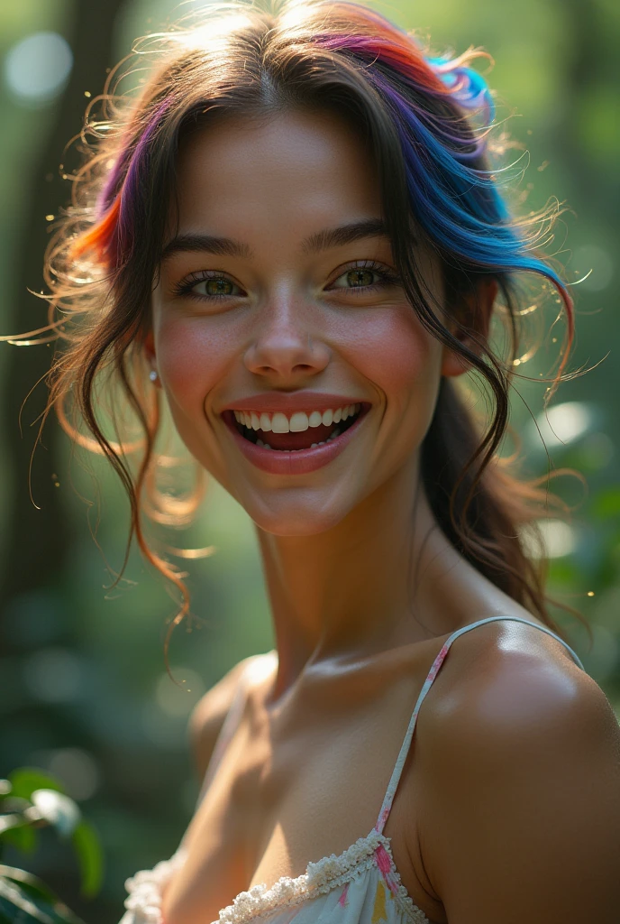 ((masterpiece)), ((Highest quality)), (Portrait of a beautiful girl), Eye for perfect detail, Face in perfect detail,Perfect Muscles,Perfect body, Very elaborate nose, Open your mouth, 、 Perfect Teeth, Full body exposure, Charm, Perfect Face, Dimples on cheeks, Depth of written boundary, High resolution, ((Realistic skin texture)), (Well-proportioned hands), Thin lips, Random color hair, Floating multicolored hair, Muscular, forest,Adult