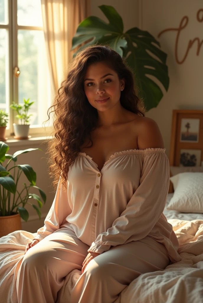 (photorealism:1.2), beautiful plus size woman, sitting on bed, wearing loose off-shoulder top, pajama pants, long brown curly hair, indoors, soft lighting, plants in background, window with sunlight, cozy room, relaxed pose, realistic, intricate details, warm colors, withe words CARM on the wall by Greg Rutkowski, by Alphonse Mucha