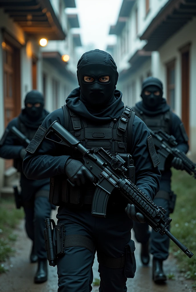 Three male soldiers in black uniform and balaclava, raiding a house.