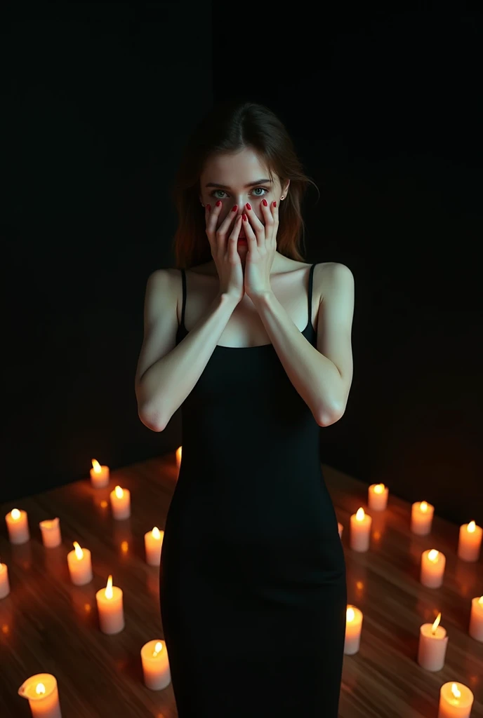 , (masterpiece:1.3), ((Highest_quality)), (Absurd), One Girl, ,Portraiture, Simple_background, (black_background:1.5), The floor is covered with candle flames.,blackいドレス,Red eyes, Red lips, Anxious, whole body,Cover your face with your hands, 