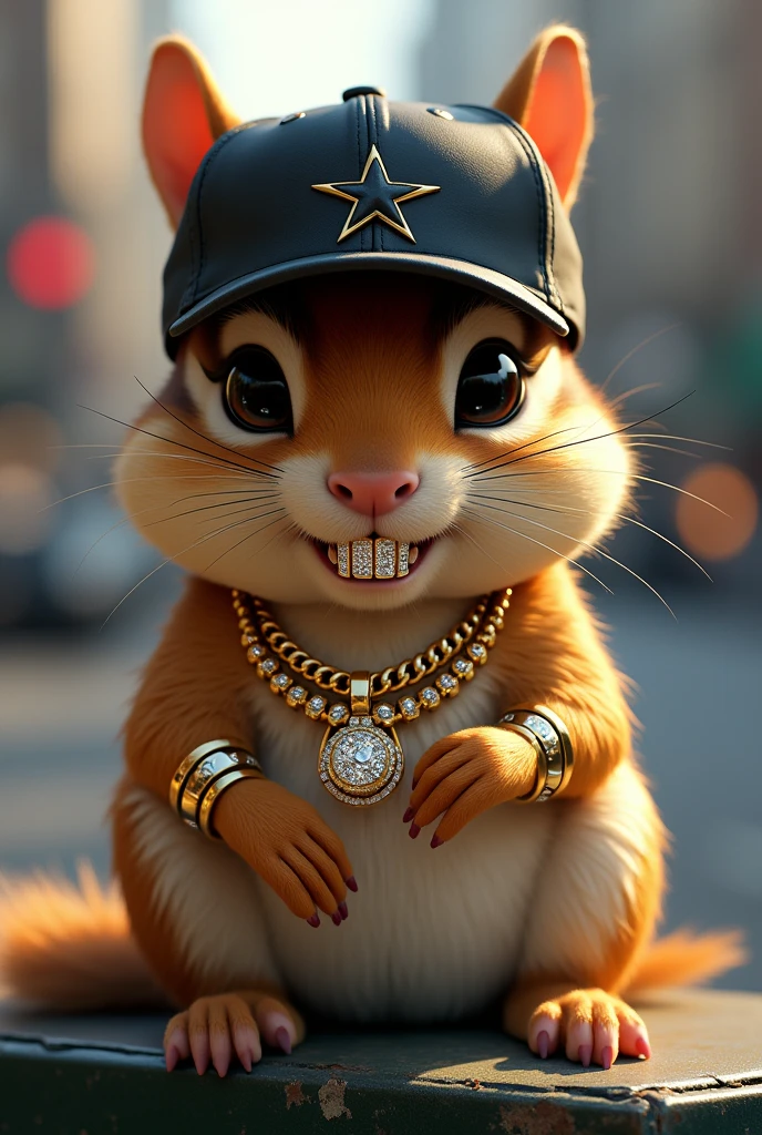 Chipmunk with a snapback and more bling jewelry