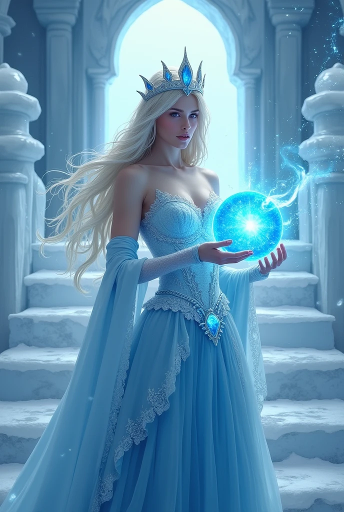 The snow queen,Ice Blue Skirt,Little Queen'crown,Long blonde hair,Blue Eyes,anger,Ice palace stairs background,Holding a blue crystal ball in both hands, Unleash the Blizzard Magic,Very high resolution,Full body portrait,(((Upper body close-up)))