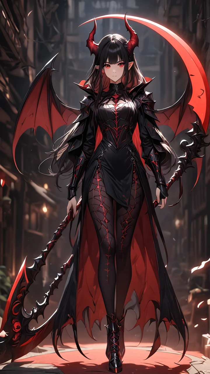 (((Best Quality))), (((Masterpiece))), ((Realistic)) ((full body shot)) slender cute  pale demon girl, pointing ears, (red colored eyes), short stylish black hair, wearing demon armor (intricate details) holding a giant demon stylish scythe.