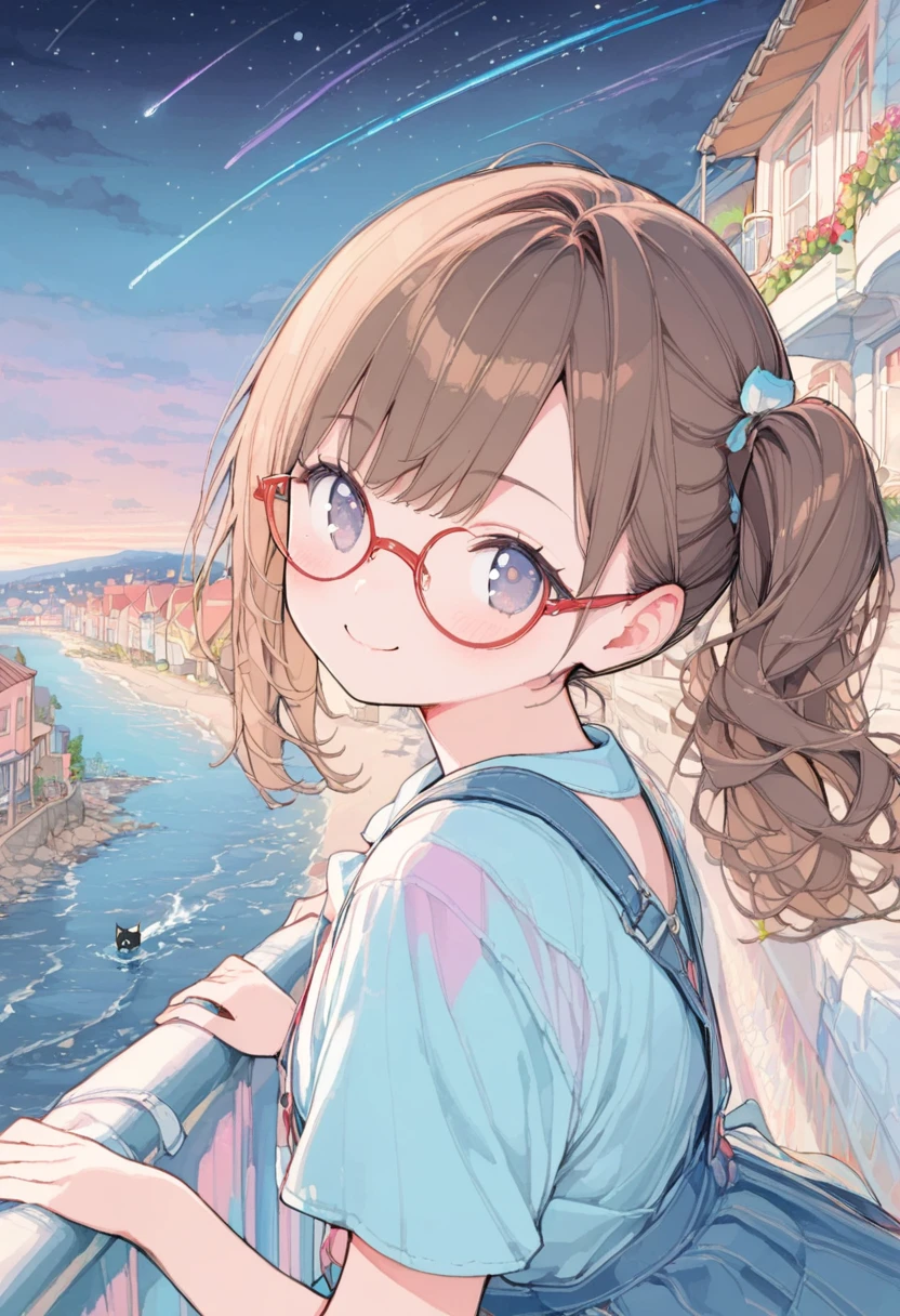 1girl,10yo,brown hair,black eyes, (red round eyewear), side ponytail,smile, blushful, seaside town, Overlooking the cityscape, Midnight, detailed, pastel colour, shooting star, ripple, ((Cat)), ((best quality, high resolution)), (delicate illustration), (pastelcolor style illustration:0.4), (watercolor style illustration:0.4), ((beautiful:1.3)), (tegaki),(anime key visual),4k,Perfect Anatomy,