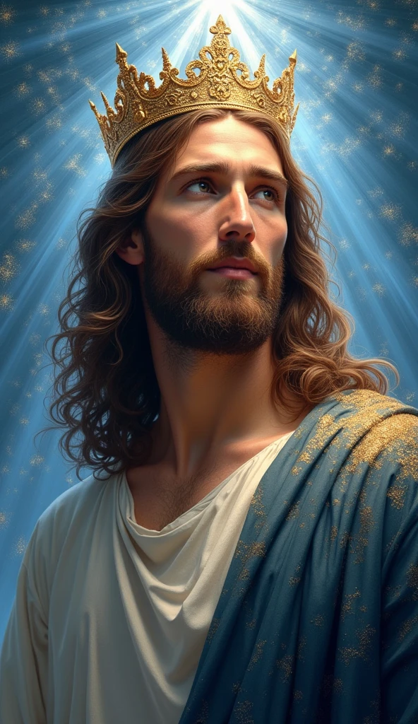 Jesus with a king's crown on his head, JesusChrist, the lord and savior, portrait of JesusChrist, Jesus of Nazareth, brilliant light masterpiece, jesus, greg olsen, king of kings, beautiful image already created, image background a kingdom of beautiful, blue and silver colors, sua mente contemplando a eternidade, glorious light,!! with a serene look and a slight smile!