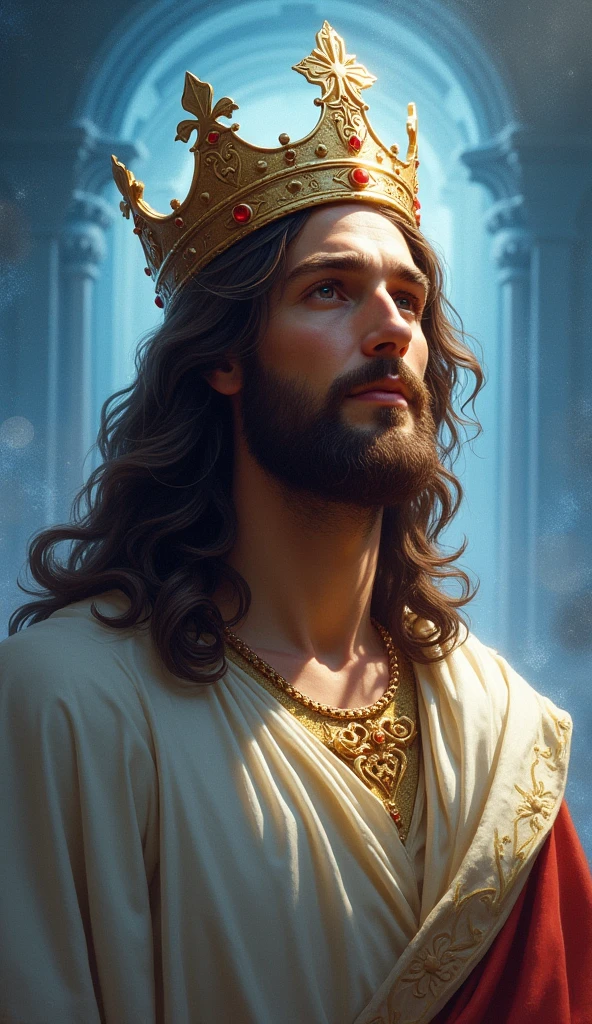 Jesus with a king&#39;s crown on his head, JesusChrist, the lord and savior, portrait of JesusChrist, Jesus of Nazareth, brilliant light masterpiece, jesus, greg olsen, king of kings, beautiful image already created, image background a kingdom of beautiful, blue and silver colors, sua mente contemplando a eternidade, glorious light,!! with a serene look and a slight smile!
