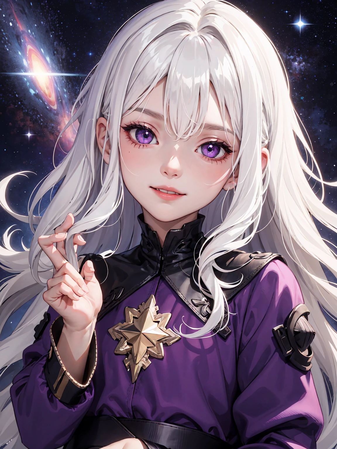 (masterpiece:1.2, best quality), (real picture, intricate details), 1kid, child, small girl, child girl, solo, upper body, space, long hair, minimal makeup, natural fabrics, close-up face, smile, long messy white hair, messy long hair, wavy white hair, wavy long messy hair, white hair, bangs, Korean bangs, bangs on forehead, purple eyes, galaxy eyes, purple sparkling eyes, fancy clothing, fancy oversized clothing, long sleeves, clothing galaxy themed, galaxy imprinted oversized, child, kid, small, tiny, purple eyes, star universe eyes