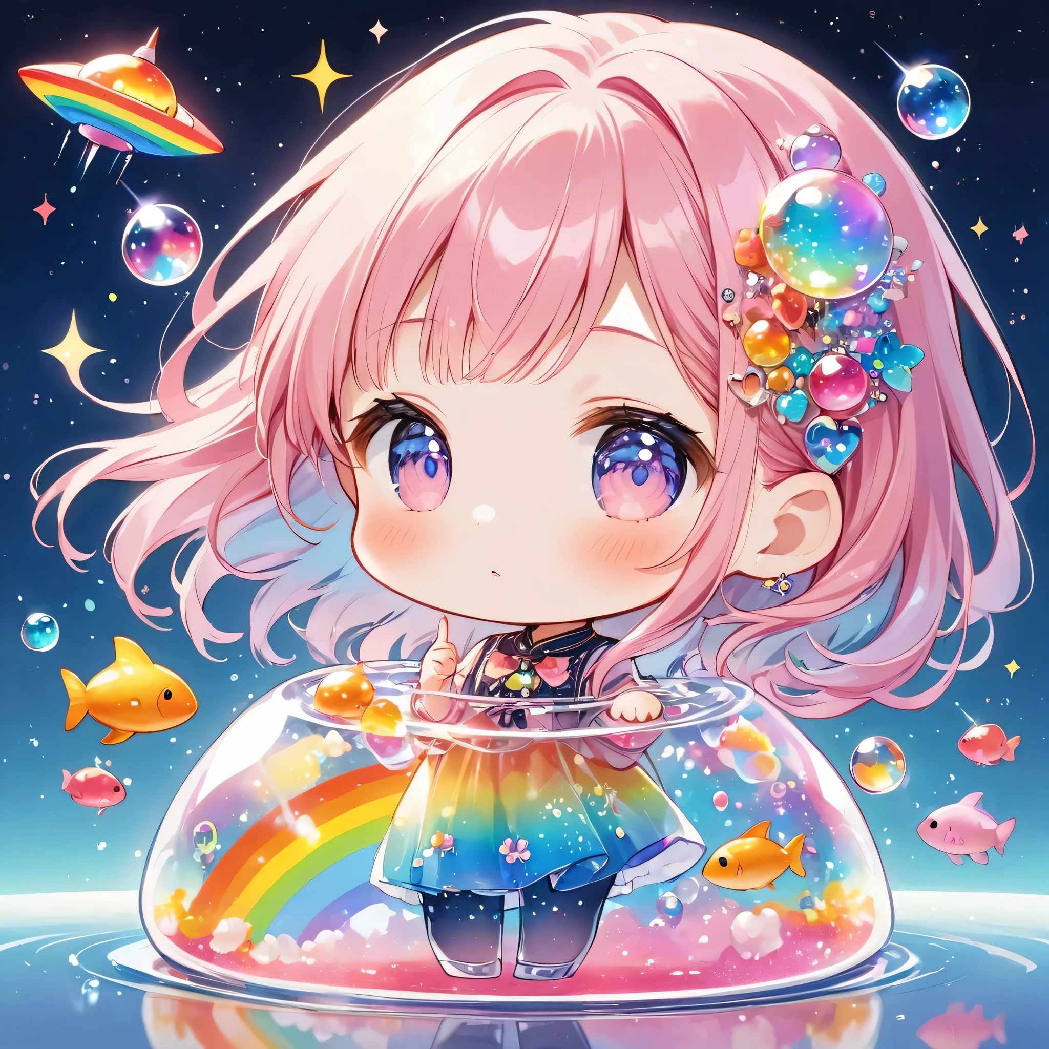 Momoko Sakura colorful style, The most beautiful girl of all time, (((chibi))), (((Spaceship))), Cute Aliens, All in one, Tiny nuclei that shine in fantastical rainbow colors,and a completely melted jelly fusion, Very transparent material, High viscosity, Elasticity due to surface tension, Holographic sparkling reflections, Create an engaging impression on your audience