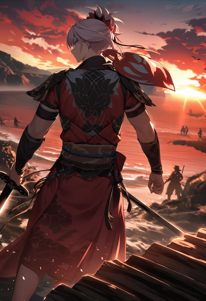 Small island beach、Miyamoto Musashi appeared late.、The rival has an impatient look on his face.。Miyamoto Musashi walked leisurely、Silently holding the sword。In the background is the setting sun.、The red clouds foreshadow the fierceness of the battle.
