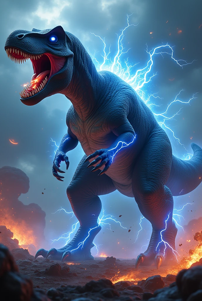 A terrifying fusion of Venom, lightning, and a Tyrannosaurus Rex emerges as a colossal, muscular beast. The creature stands tall with a menacing posture, its body covered in the slick, black symbiote of Venom, pulsating with veins of glowing blue lightning. Its eyes burn with electric intensity, and sharp, jagged teeth fill its massive jaws. The Tyrannosaurus’s form is heavily augmented, with powerful, clawed limbs crackling with energy, and a tail that whips through the air, leaving trails of electricity. Thunder roars in the background as storm clouds swirl around this monstrous hybrid, its presence commanding awe and fear. The environment around it is charred and scorched, as the ground trembles beneath its mighty steps.