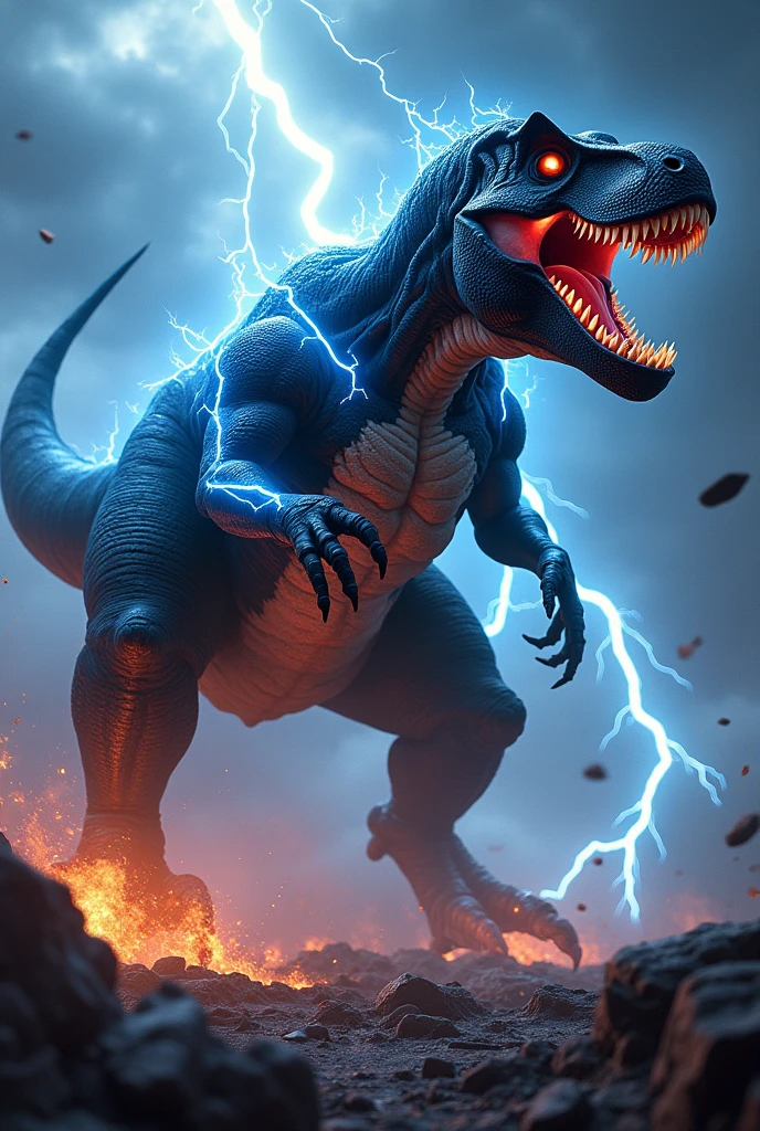 A terrifying fusion of Venom, lightning, and a Tyrannosaurus Rex emerges as a colossal, muscular beast. The creature stands tall with a menacing posture, its body covered in the slick, black symbiote of Venom, pulsating with veins of glowing blue lightning. Its eyes burn with electric intensity, and sharp, jagged teeth fill its massive jaws. The Tyrannosaurus’s form is heavily augmented, with powerful, clawed limbs crackling with energy, and a tail that whips through the air, leaving trails of electricity. Thunder roars in the background as storm clouds swirl around this monstrous hybrid, its presence commanding awe and fear. The environment around it is charred and scorched, as the ground trembles beneath its mighty steps.