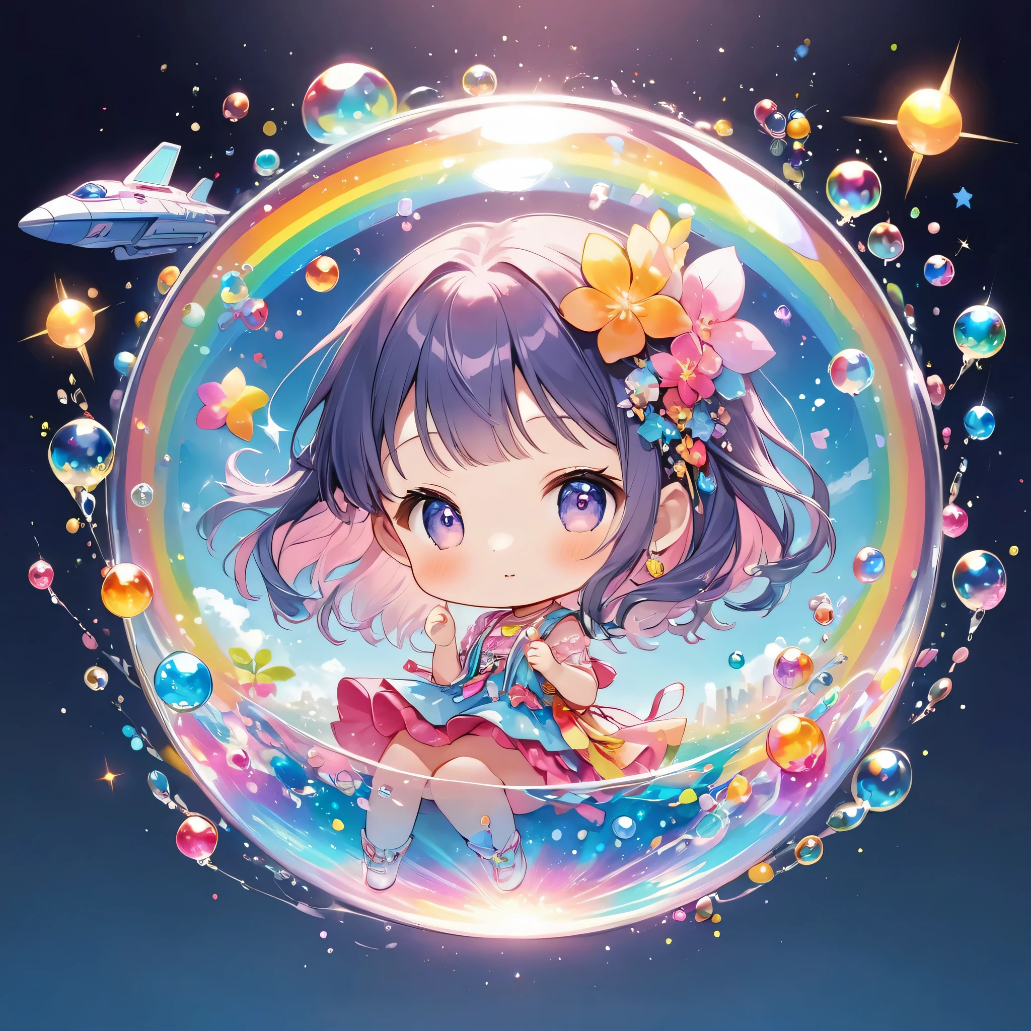 Momoko Sakura colorful style, The most beautiful girl of all time, (((chibi))), (((Spaceship))), Cute Aliens, All in one, Tiny nuclei that shine in fantastical rainbow colors,and a completely melted jelly fusion, Very transparent material, High viscosity, Elasticity due to surface tension, Holographic sparkling reflections, Create an engaging impression on your audience