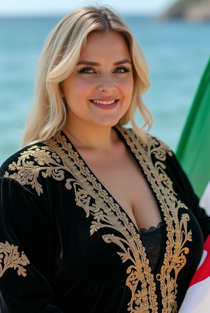 Close up, plump, blonde, wearing a black velvet caftan jacket with gold embroidered details on the shoulders and cuffs, arabesque, embroidered, holding the Algerian flag in white and green, looking directly at the camera, she is standing on the blue seashore