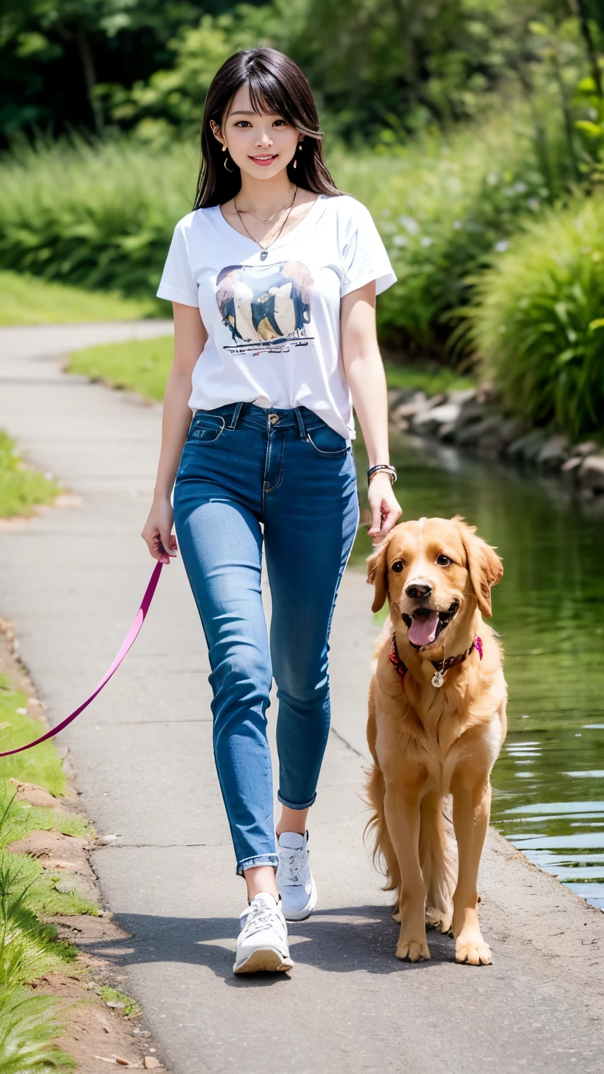 (((Perfect Anatomy))),Shiho, a beautiful 20-year-old idol, walks with a smart-looking golden retriever along the bank of a clear stream surrounded by beautiful fresh greenery.,A 20-year-old idol who looks good in necklaces and earrings,Pair a V-neck T-shirt with loose linen baggy checked pants and sneakers.,(((It's cute to see them happily walking with their dog))),(Aerial shot of her and her dog),Best 8K image quality,Professional perspective,Great details,Ultra-high resolution,Realistic:1.4),Attention to detail,Nice body with well-toned, perky hips,Amazing beauty condensed into one girl,Beautiful brown hair braided,A delicate, high nose and glossy lips,Beautiful Face,Model-like long limbs and a slim waist,The short hem shows off her beautifully toned ankles, which are accented by her white sneakers.,