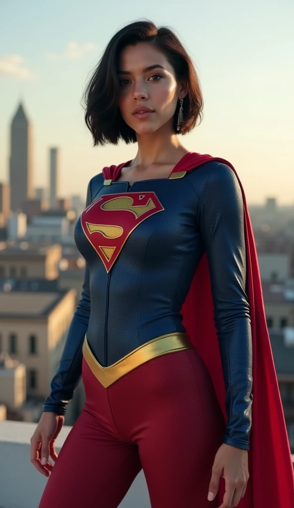 colombian girl, dark hair, short hair, dark brown eyes, actress sasha calle as supergirl, supergirl costume, tight suit, ultra realistic professional photo, standing on the roof of building