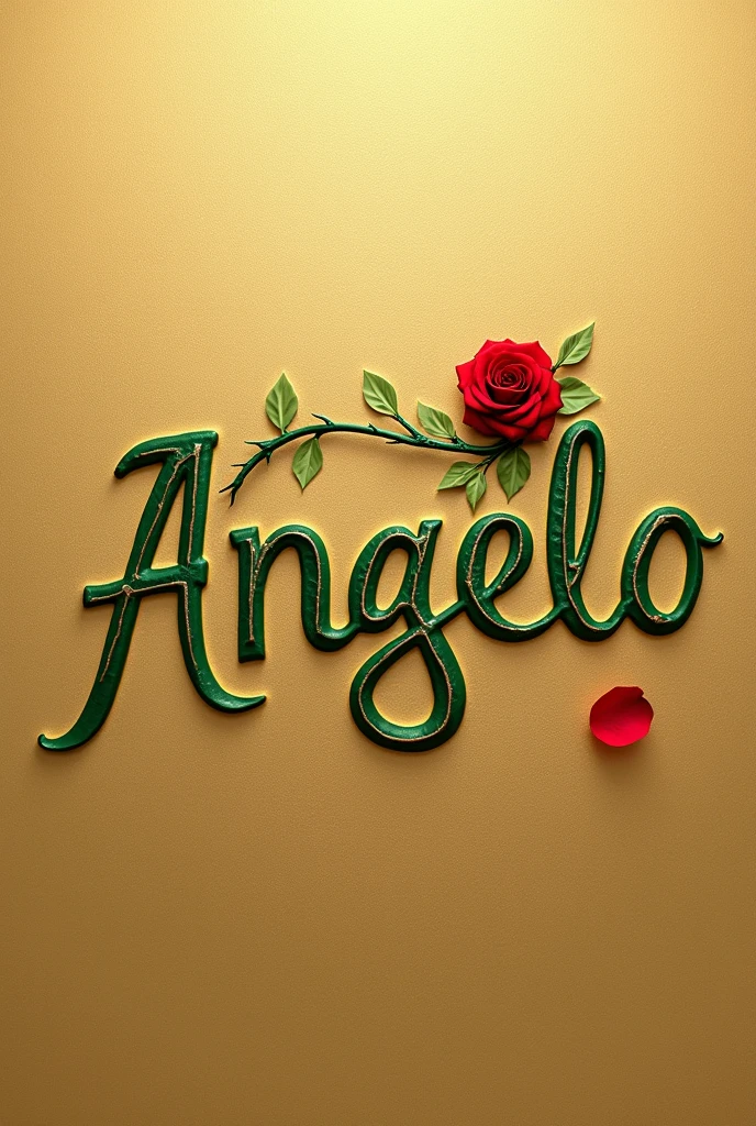 Creates an image that shows the name "Angelo" written in an elegant gold font with a green outline. The name has to be on a textured gold background. A green branch with thorns extends from the bottom of the "Â" in the name and curves above it, with a red rose in bloom at the tip. A red petal separate from the rose is also in the lower right corner of the name.