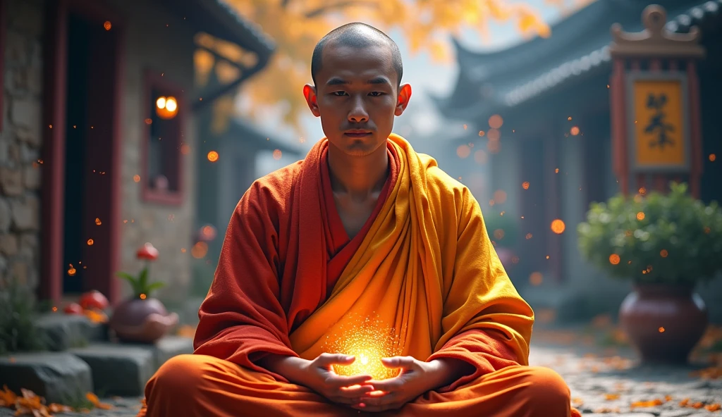 buddhist monk meditating, looking directly at the camera, not at the center, clear facial features, bright colors, particles of light, with bright light, Mushhiv, wallpaper art, UHD wallpapers, vivid atmosphere, near a house ancient village