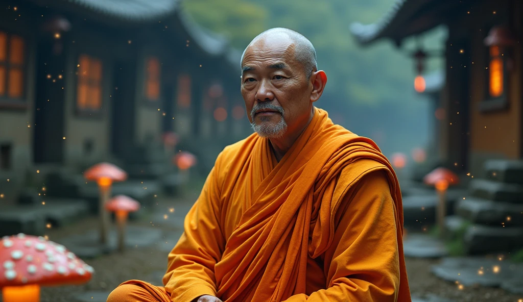 buddhist monk meditating, looking directly at the camera, not at the center, clear facial features, bright colors, particles of light, with bright light, Mushhiv, wallpaper art, UHD wallpapers, vivid atmosphere, near a house ancient village