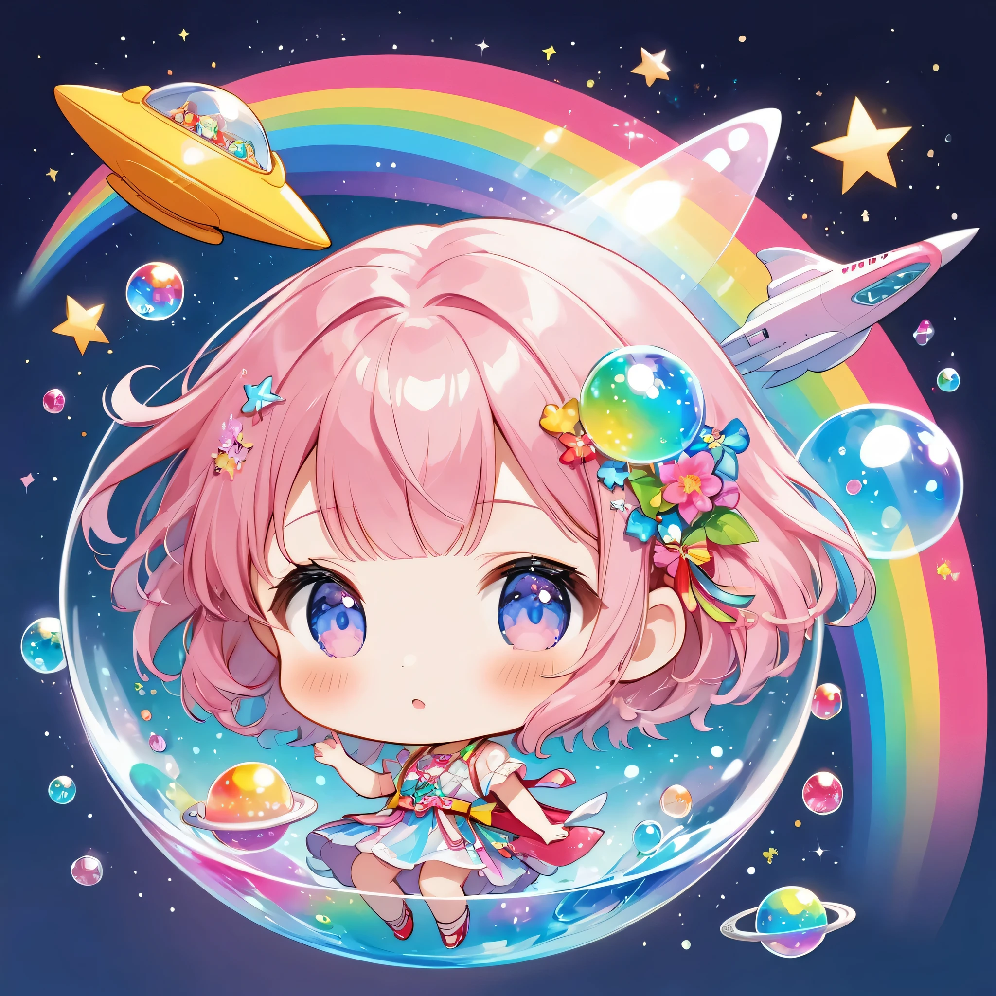 Momoko Sakura colorful style, The most beautiful girl of all time, (((chibi))), (((Spaceship))), Cute Aliens, All in one, Tiny nuclei that shine in fantastical rainbow colors,and a completely melted jelly fusion, Very transparent material, High viscosity, Elasticity due to surface tension, Holographic sparkling reflections, Create an engaging impression on your audience