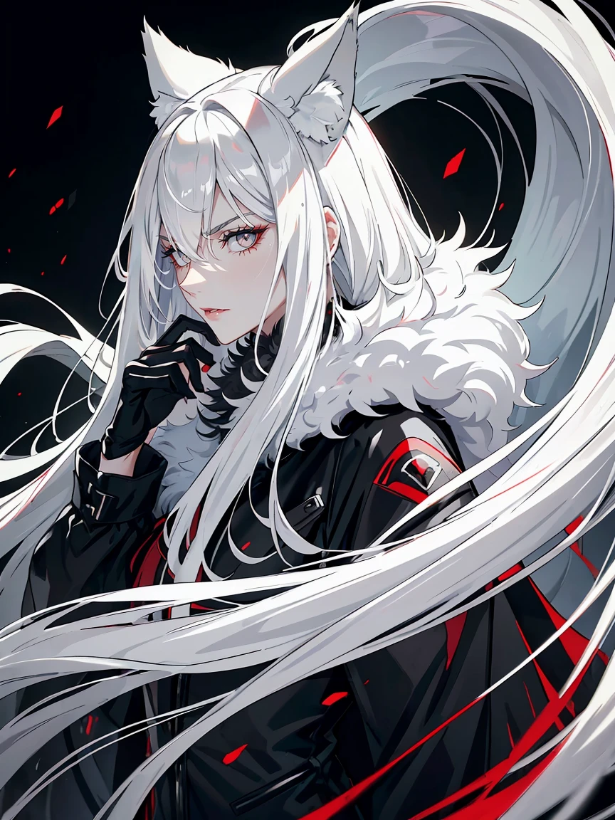 Long white hair, grey eyes, evil, sexy, black and red clothes, evil face, evil, serious look, gloss lips, sinister, front look, bloody, gloves, close up, portrait, beautiful eyes, big white, dark place, night, sensual, straight hair cut, clear skin, evil, young 30 years girl, adult girl, solo, red, very long hair, ankle length hair, handsome older WOMAN，grey-eyes，grey pupils，Long white hair，Hyperresolution，accuracy，Detailed rendering,（Image of fine hair）（topquality）（Masterpieces of masters）（High degree of completeness）（A sense of atmosphere）tmasterpiece，Super detailed and super detailed（((full-body portrait)))(((Fluffy wolf ears))) (((Wearing a white and black fur fighting outfit)))(((Stern expression)))(((Ankle length white hair)))(((Grey eyes)))