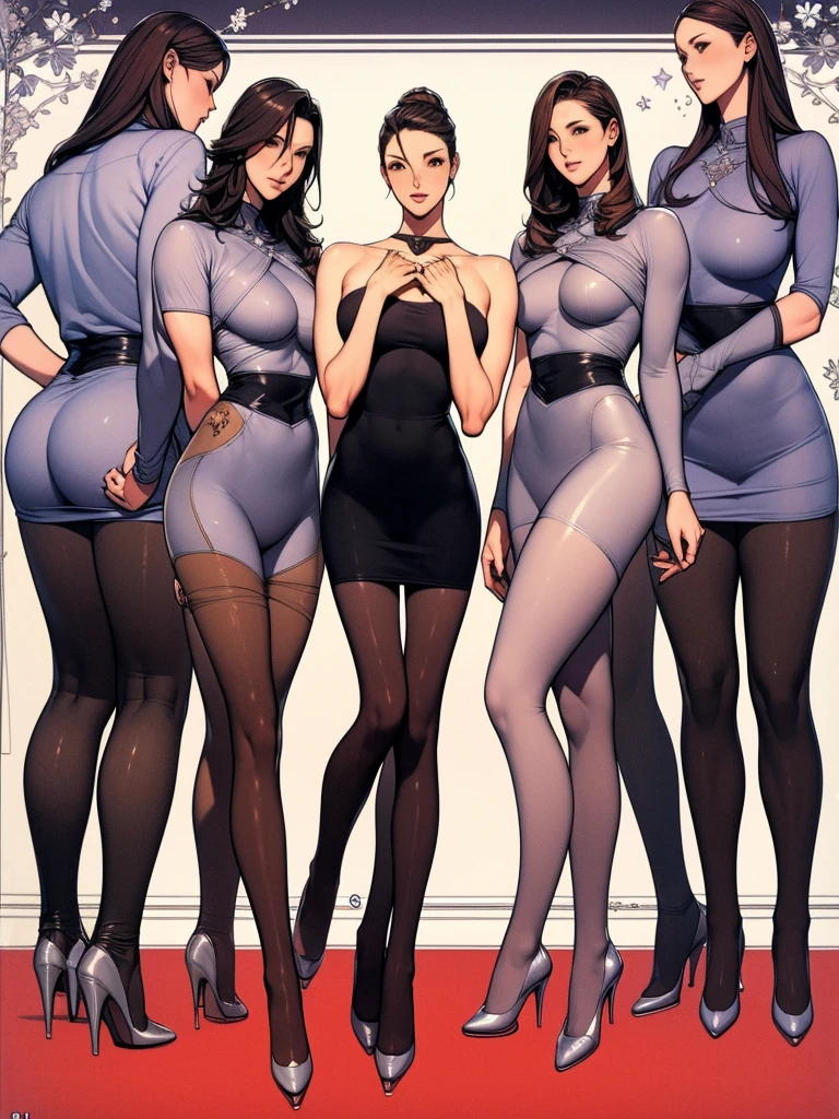Full body picture:(masterpiece:1.2, best quality),(Very detailed),8K,wallpapeve women standing in a row,Full body picture,All wearing black pantyhose,Figure skater,Tall figure,Long legs,muscular,((Silver Metal Squadron))