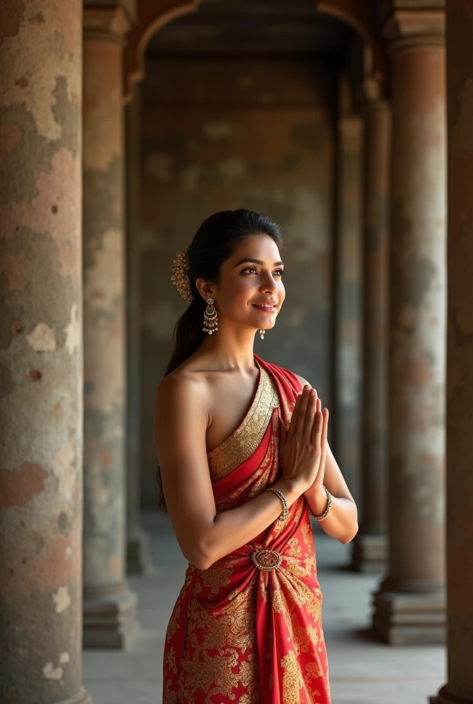 Create an image of Priyanka Chopra wearing a traditional Thai sinh, standing gracefully with a peaceful smile, hands in a respectful greeting Buddha praying pose. The sinh is adorned with intricate gold and red patterns, and she is accessorized with traditional Lao jewelry, including a beautiful hairpin with delicate flowers. The background is an ancient temple with weathered stone walls, showing the timeless beauty of the setting. The overall mood is serene, with warm lighting highlighting the elegance of the scene