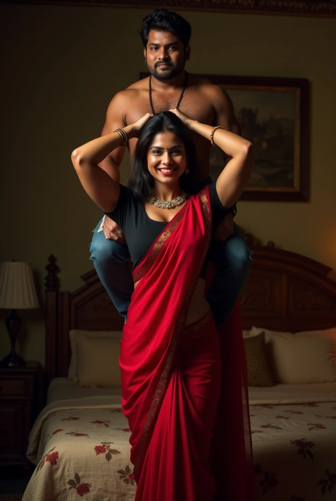 Smiling, Beautiful and Slim, Sexy Indian woman in black blouse red saree , lifting a large chubby man above her shoulders, man is sitting on woman's shoulders, in a bedroom with high ceiling at night