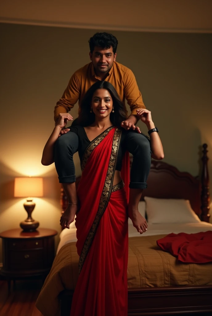 Smiling, Beautiful and Slim, Sexy Indian woman in black blouse red saree , lifting a large chubby man above her shoulders, man is sitting on woman's shoulders, in a bedroom with high ceiling at night
