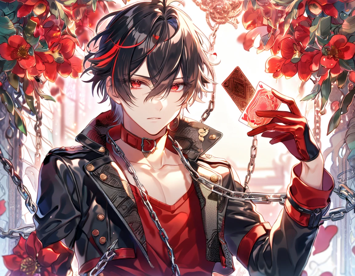 absurdres, highres, ultra detailed, HDR, master piece, Shin, messy black hair, red streaks, expressive red eyes, cropped black leather jacket, Amnesia Memories, sexy man, handsome, best quality, red blossoms, red petals, red flowers, fantasy, magical, red shining fireflies, solo, water, red shirt with black patterns, red gloves, red collar, heart of cards, chains,