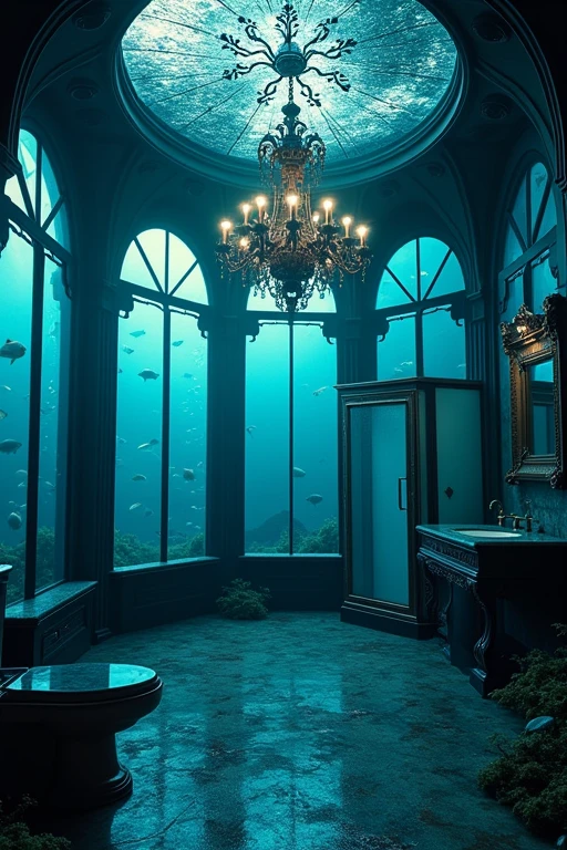 gothic architecture chandelier black and blue atmosphere fish bubbles、House in the sea、The windows are big and fish are swimming outside、mirror、Decorative Picture Frame、The ceiling has a black iron lattice.、The room is separated from the sea by a glass window.、Toilet cubicle、Fully glazed、There are fish outside