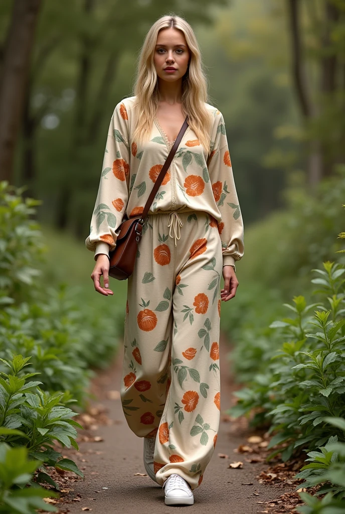 Margot Robbie, 20 years old with long straight blonde hair, shiny skin texture, delicate nude lips, light blue eyes, wearing a casual and comfortable sweatshirt set with an artistic print that mixes abstract shapes of leaves and lips in earthy and soft tones. The set consists of a wide-sleeved blouse and wide-legged pants, both in a beige fabric that serves as a backdrop for the soft colors of green, burnt orange, and brown. The outfit exudes a boho-chic style, ideal for an outdoor stroll on an autumn day. The woman pairs the look with white sneakers and a brown leather crossbody bag, walking on a trail surrounded by lush greenery, which harmoniously complements the organic design of the set.