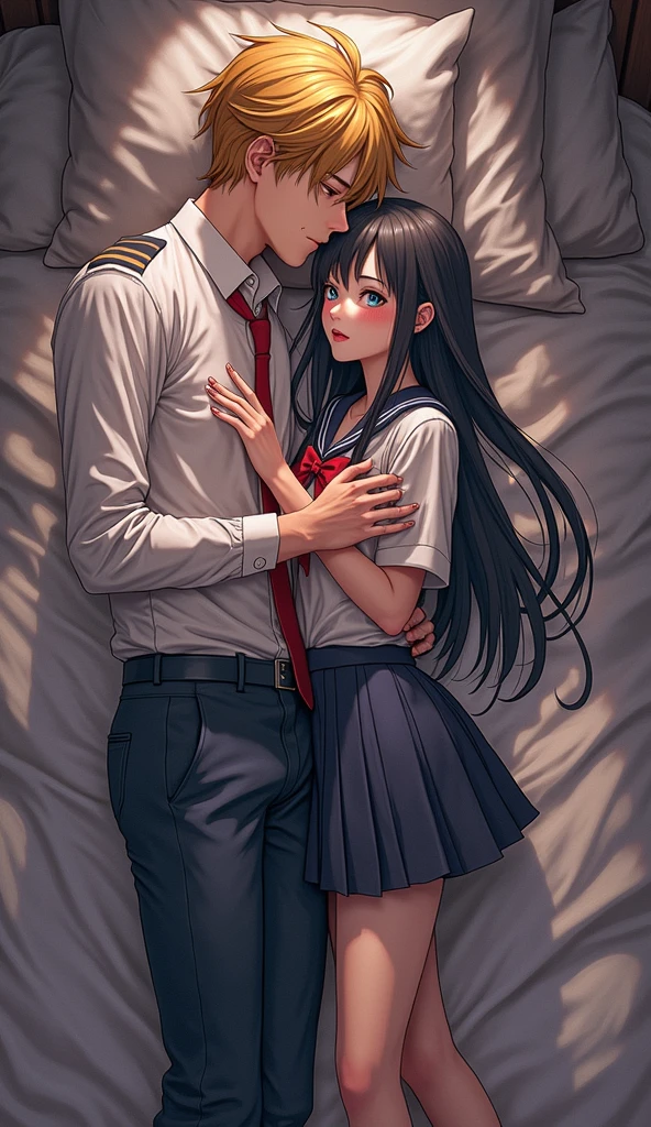 (32K:1.9, Realistic:1.9, Highest quality, masterpiece, Ultra-high resolution), Perfect dynamic composition:1.3, Highly detailed skin and facial textures:1.3, (Cute sexy slim Japanese schoolgirl, Height: 155cm), (Slim man, Length 180cm), ((Both of them lie on the bed, A man gives a woman a pillow:1.3, to kiss:1.4)), Fair skin, ((Clarity:1.1)), (The guy has a great uniform:1.3, Bright yellow hair, beautiful目:1.3), (The woman is wearing a uniform with a light blue tie..:1.3, Straight black hair.:1.3, smile:0.9, A man completely charms a woman:0.9, beautiful Blue Eyes, beautiful, Clear Eyes:0.8), Sexy Face:0.4, blush:1.1, (beautifulエロティシズムを醸し出す雰囲気:0.8, Professional random camera work, Cinematic Lighting Effects, romantic, mysterious), (Too erotic), Object of admiration, original, dramatic, artistic, Innovative, charm, Heartful, Fancy, Tilt, sense of loss, special, exciting, Extreme, sense of openness, joy, joyの表現, ((若さのcharm, 女性的なcharm))