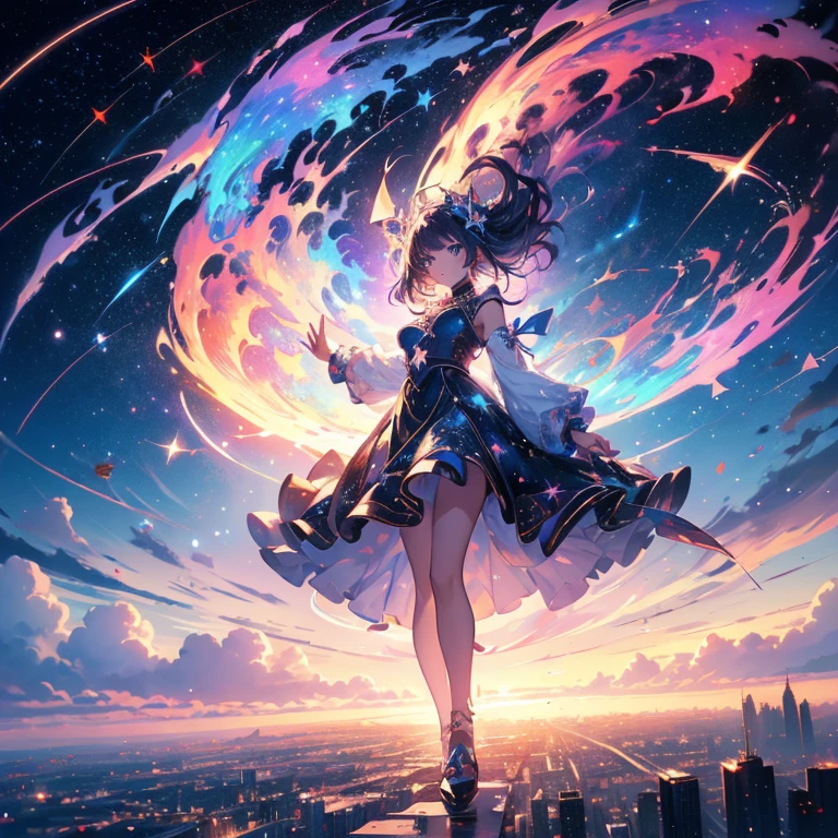 a picture taken from a digital painting of a girl in a dress, beautiful anime artwork, wearing a dress made of stars, star on dress, beautiful anime art, makoto shinkai cyril rolando, magical dress, anime fantasy illustration, anime fantasy artwork, ethereal anime, anime girl with cosmic hair, dreamlike art, cosmic skies. by makoto shinkai, anime art wallpaper 4 k High detail, Super Detalhe, super high resolution, Girl enjoying her time in the galaxy of dreams, cercado por estrelas, luz quente aspergida sobre ela, background is starry sky with colorful galaxies and clouds of galaxies, estrelas voando ao seu redor, rosto delicado, Adding playful atmosphere