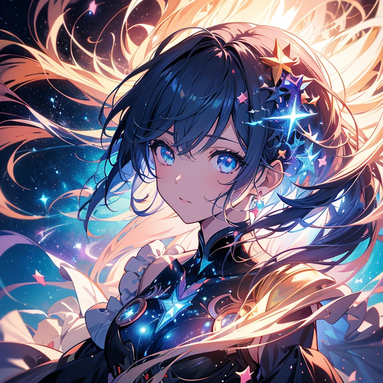 a picture taken from a digital painting of a girl in a dress, beautiful anime artwork, wearing a dress made of stars, star on dress, beautiful anime art, makoto shinkai cyril rolando, magical dress, anime fantasy illustration, anime fantasy artwork, ethereal anime, anime girl with cosmic hair, dreamlike art, cosmic skies. by makoto shinkai, anime art wallpaper 4 k High detail, Super Detalhe, super high resolution, Girl enjoying her time in the galaxy of dreams, cercado por estrelas, luz quente aspergida sobre ela, background is starry sky with colorful galaxies and clouds of galaxies, estrelas voando ao seu redor, rosto delicado, Adding playful atmosphere