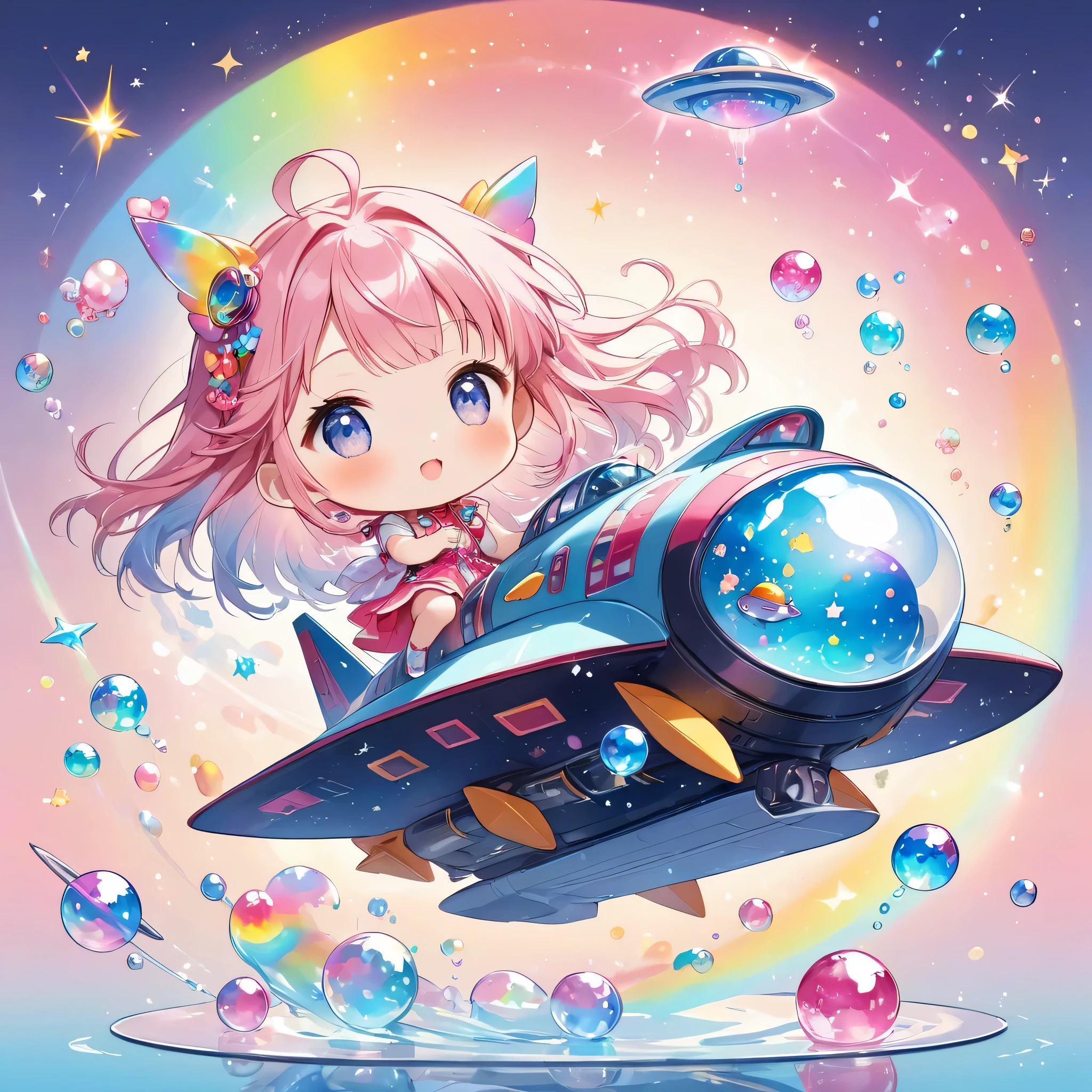 Momoko Sakura colorful style, The most beautiful girl of all time, (((chibi))), (((Spaceship))), Cute Aliens, All in one, Tiny nuclei that shine in fantastical rainbow colors,and a completely melted jelly fusion, Very transparent material, High viscosity, Elasticity due to surface tension, Holographic sparkling reflections, Create an engaging impression on your audience