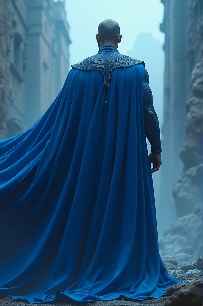 Create an impactful character with a blue cape, it has to be impactful.