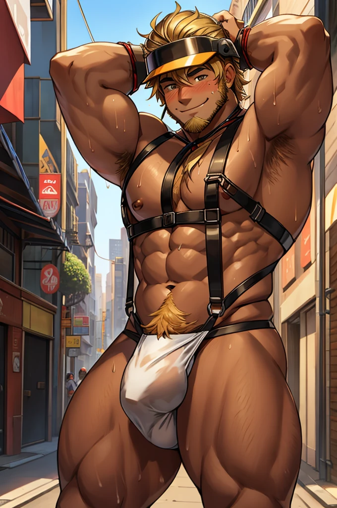 male, (full nude, only harness, only fundoshi, only work helmet,) smile, city street, muscular, hairy, blush, big bulge, hands behind head, sweating, realistic, Body Piercing, Brown Skin, Blonde Hair, accessories