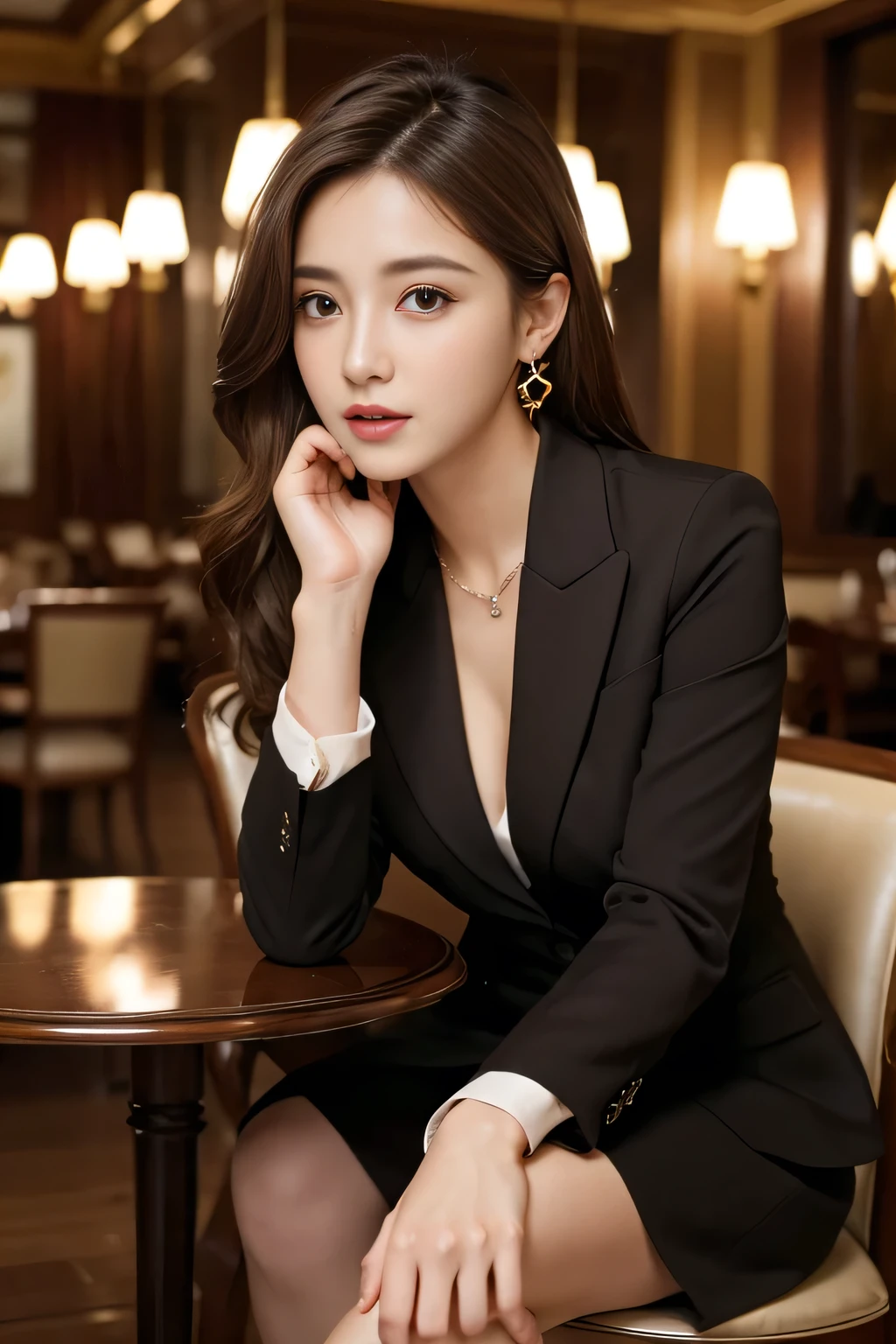 masterpiece, Highest quality, Realistic, Very detailed, Finer details, High resolution, 8k wallpaper, One beautiful woman, Wear a nice suit, In a great restaurant, At night, Light brown messy hair, Perfect dynamic composition, Beautiful and beautiful eyes、Big earrings、Sit on a chair、