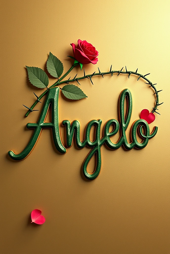 Creates an image that shows the name "Angelo" written in an elegant gold font with a green outline. The name has to be on a textured gold background. A green branch with thorns extends from the bottom of the "Â" in the name and curves above it, with a red rose in bloom at the tip. A red petal separate from the rose is also in the lower right corner of the name.