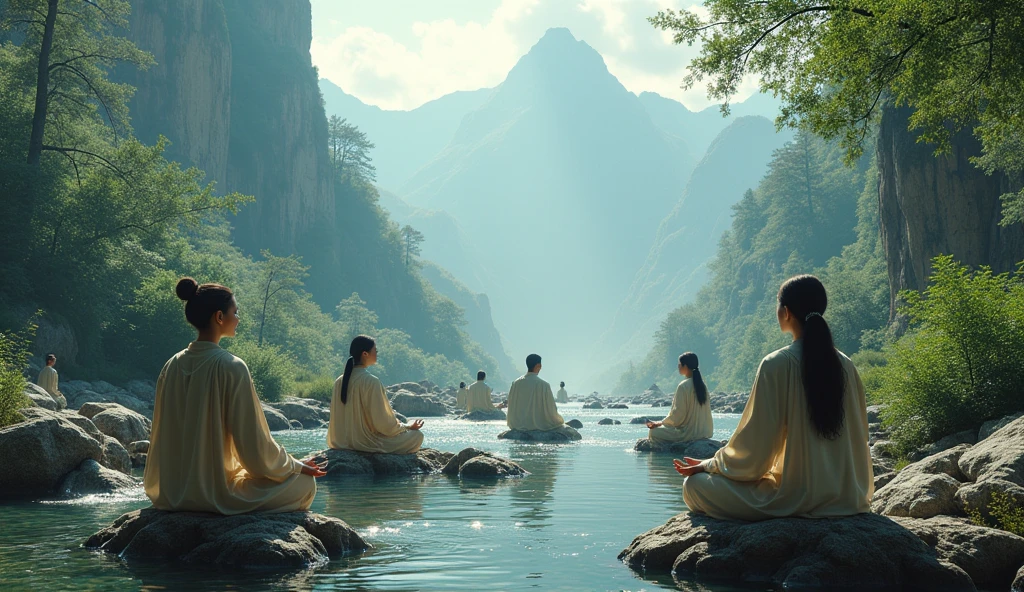 people meditating in mountains, rivers and forests, connecting with nature.