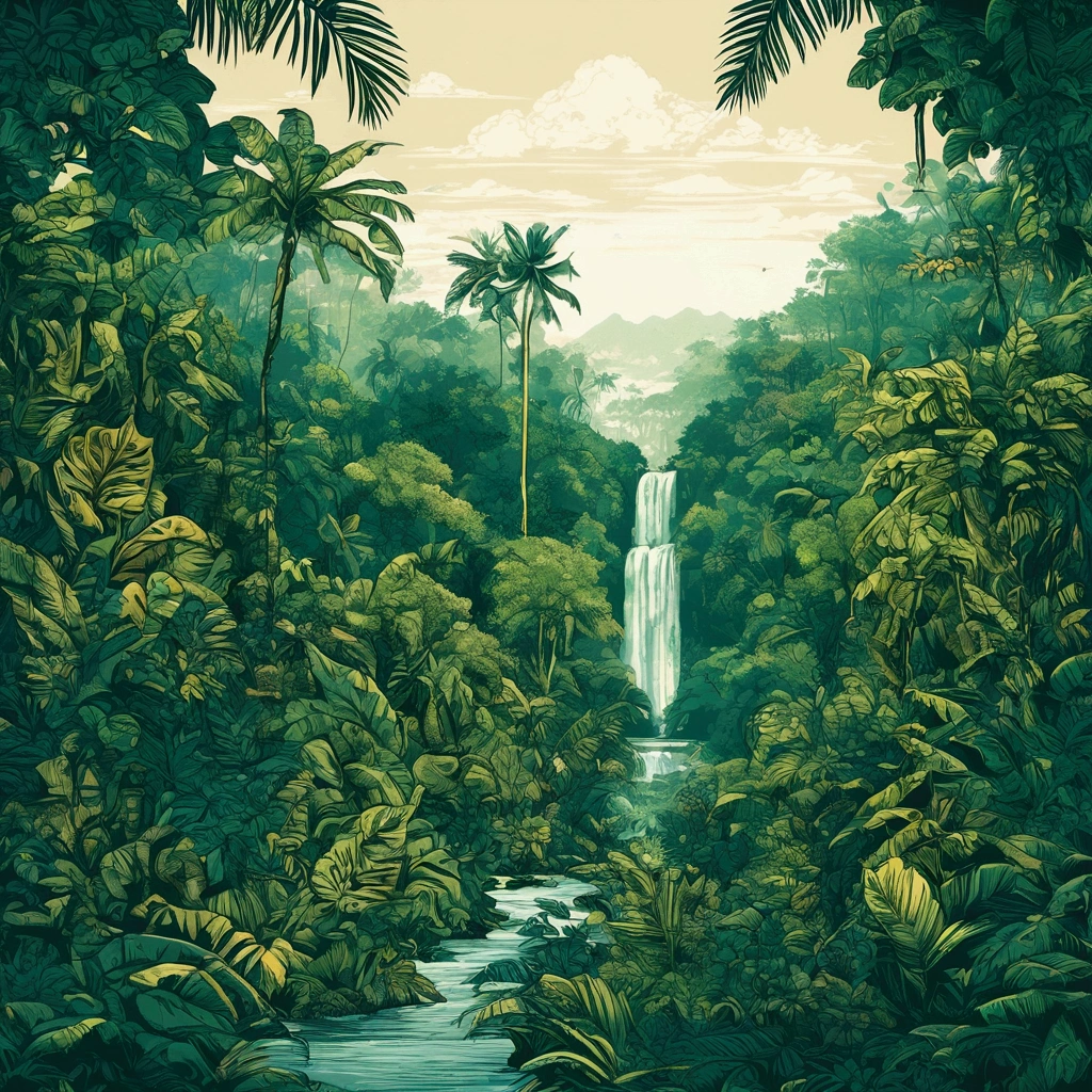 “Design an intricate hand-drawn scene featuring a dense forest with tropical trees and foliage. Incorporate Caribs/Waitukubuli/Arawak patterns into the branches and leaves, creating a blend of natural and cultural elements, detailed, 4k, realistic, jungle, waterfall, vector, logo style