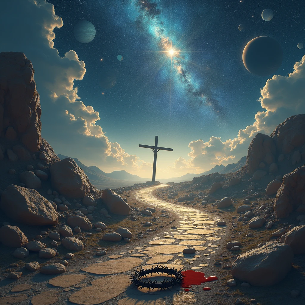 A rocky road, a cross at the end of the road ,a crown of thorns on the floor , a garment thrown on the ground , a small blood mark, in outer space, planets , galaxies , constellations , stars , an astronaut