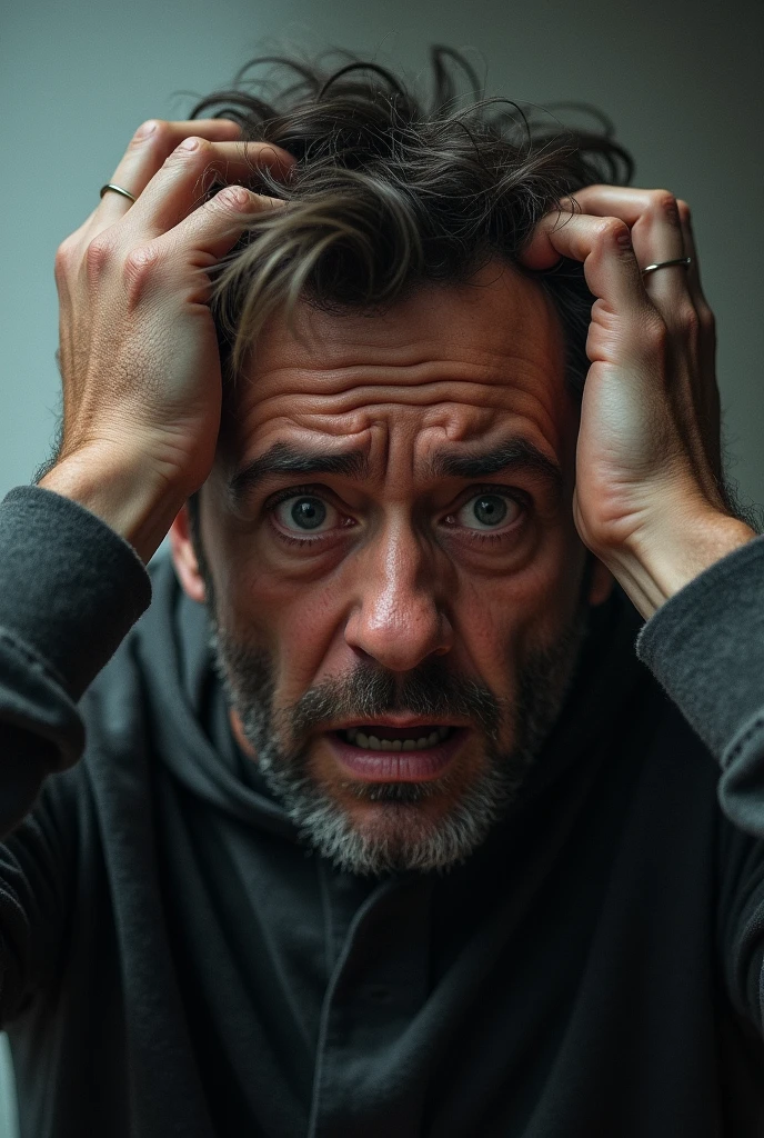 A distraught man realizes he has returned from the future, He grabs his head and his eyes show an expression of disbelief. 