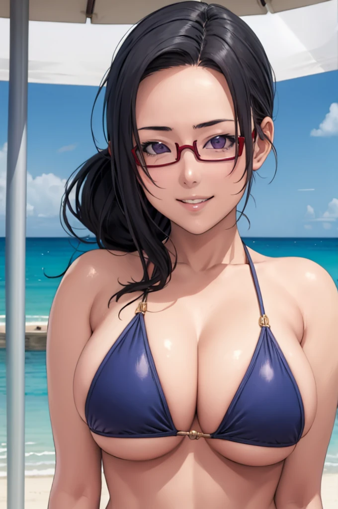 masterpiece, best quality,  satou sakie, glasses, swimsuit, looking at viewer, large breasts, upper body, portrait, looking at viewer, parted lips, seductive smile, sweating, beach background