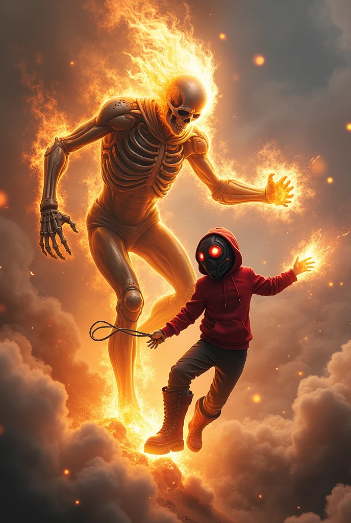 Ghost rider, realistic, full body vs. Youg boy with red hoodie, headphones, Star-lord helmet, rocket boots, gas helmet, covered mouth, round red, eyes, front cover, ??? Star-lord with red hoodie, star-lord helmet, gas helmet, covered mouth, round red eyes, Red eyes, magic rings in the hands and rocket boots, Fighting, power, fiction, 2 persons, magic lasso, hight, fall, flying in the sky, capa roja, fire under shoes, Space, Smoke, gun in hands, epic battle.
