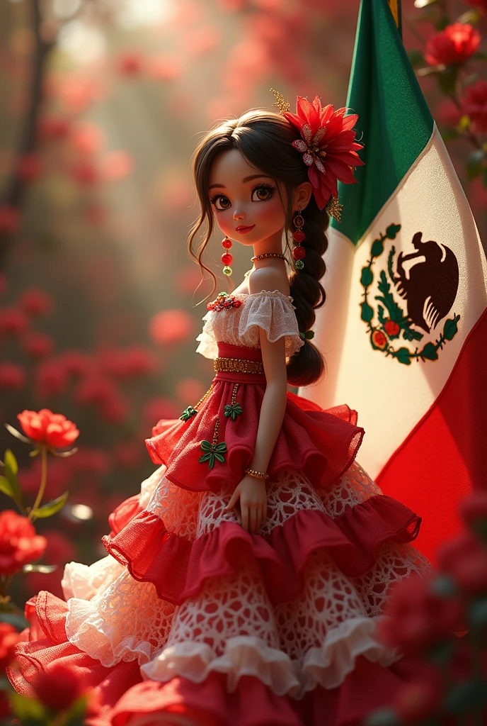 A mesmerizing 3D anime-style illustration of a captivating doll named Violeta. Violeta is dressed in an exquisite red, white, and green gauze gown. The gown is adorned with intricate flower designs, evoking the essence of traditional Mexican clothing. Patricia's brown hair is styled with braids and beads in the same colors, framing her radiant smile and alluring brown eyes. She gracefully stands to the right of the Mexican flag, surrounded by iconic Mexican decorations that celebrate the rich culture. The illuminated lettering of her name, "Violeta," is displayed in bold silver-gold letters, with an elegant font. In a magical touch, the doll transforms the flower-covered landscape into an enchanting fiesta, embodying the vibrant colors and spirit of Mexican celebrations. The cinematic background features a blend of red.