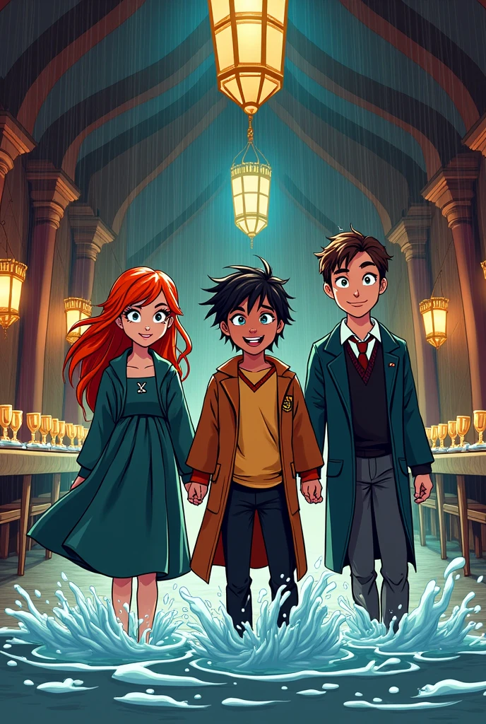 Create a margin where a girl with the appearance of Adelaide Kane, A boy with the appearance of Lorenzo Zurzolo and another with the appearance of Blaise Zabini enter the Hogwarts dining room soaked (comic style)