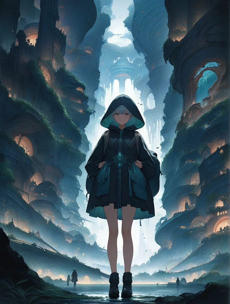 score_9, score_8_up, score_7_up, score_アニメ, masterpiece, best quality, delicate illustration, sharp line, sharp focus, BREAK,Traveler girl wandering in the ruins of endless night, the girl is wearing a hood, a lot of baggage in her backpack., night、City of the Future、Fantastic landscape、Beautiful Landscape、Harmony with Nature、Spectacular views、Machine City