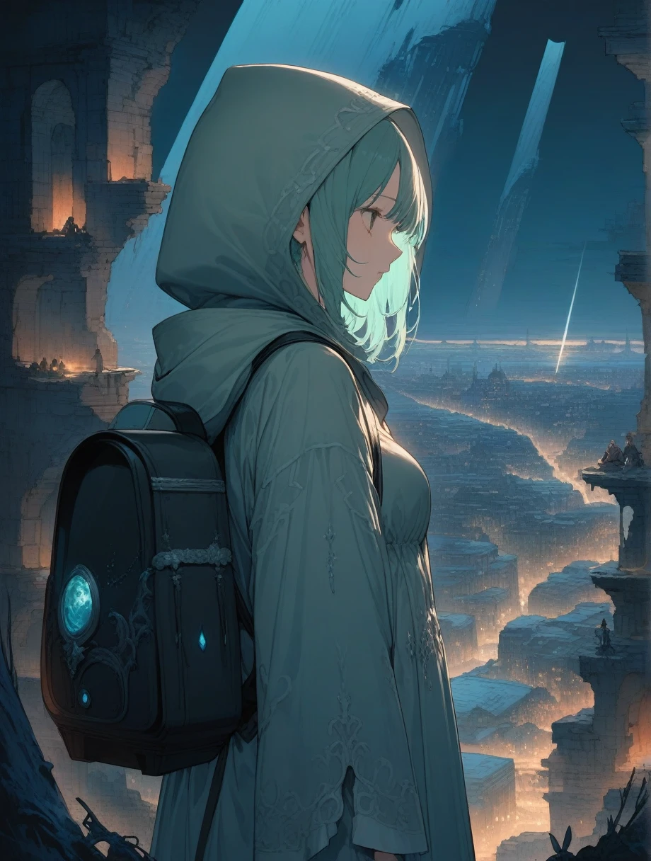 score_9, score_8_up, score_7_up, score_アニメ, masterpiece, best quality, delicate illustration, sharp line, sharp focus, BREAK,Traveler girl wandering in the ruins of endless night, the girl is wearing a hood, a lot of baggage in her backpack., night、City of the Future、Fantastic landscape、Beautiful Landscape、Harmony with Nature、Spectacular views、Machine City